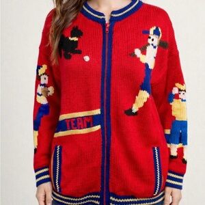 Traditional Trading Co Women’s Size M Red Baseball Zip Up Sweater Team Hand Knit